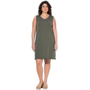 Ulla Popken damesjurk, grote maten, plus size, A-lijn, jersey, V-hals, mouwloos, olijfgrijs, 42-44