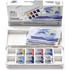 Winsor & Newton 0390672 Cotman aquarelverfset, Levendige aquarelverf met uitstekende transparantie in een set van 8 kleuren met penseel in zakformaat - Skyscapes