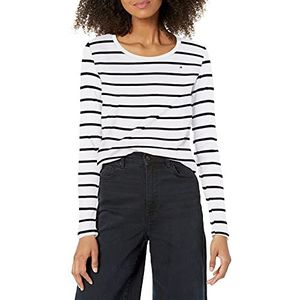 Tommy Hilfiger Dames T-shirt met lange mouwen en ronde hals, Helder Wit/Sky Captain Stripe, L