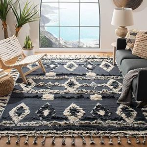 Safavieh Marokkaans geïnspireerde indoor handgeknoopt rechthoekig tapijt, Kenia collectie, KNY601, in houtskool/ivoor, 152 x 244 cm voor woonkamer, slaapkamer of elke binnenruimte