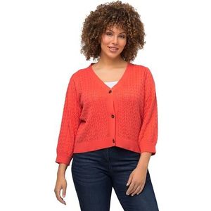 Ulla Popken Dames grote maten plus size gebreide jas, vlecht-/ajourpatroon, V-hals, 3/4-mouw koraal 46+ 811999501-46+, rood, 46/48 NL