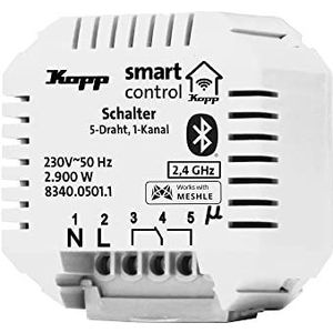 Kopp Smart-Control schakelactuator, 1 kanaal, 5-draden, Smart Home Bluetooth-mesh-technologie, Amazon Alexa, Apple Home Kit, Google Home, 834005011