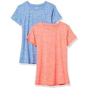 Amazon Essentials Dames Tech Stretch T-shirt met korte mouwen en ronde hals (verkrijgbaar in grote maten), 2-Pack, Koraaloranje Ruimteverf/Lichtblauw Ruimteverf, M