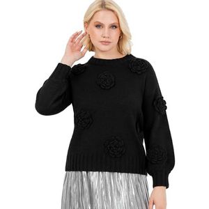 Lovedrobe Damestrui met ronde hals, lange sweater, lange mouwen, bloemenapplicatie, elastische taille, gebreide manchetten, zwart, maat 44-46, zwart, 44/46 NL