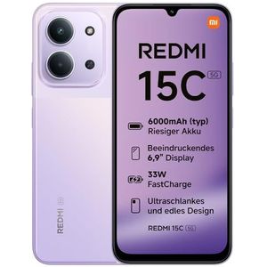 Xiaomi REDMI 15C 5G, Smartphone 4+128GB, 6,9"" 120Hz Display, MediaTek Dimensity 6300-processor 6nm Octa-core, 50MP AI Dual Camera, 6000mAh, Schemerpaars, Oplader niet inbegrepen