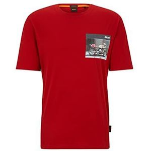 BOSS TeeMotor Relaxed-Fit T-shirt voor heren, van katoen met motorprint, rood, S