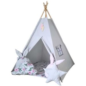 Tipoo Tipi-tent, roze bloemen, hazen en houten beugel, stabilisator, venster
