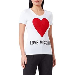 Love Moschino Dames Tight-fit korte mouwen Maxi Heart met geborduurde Flock pailletten en Institutional Logo Water Print T-shirt, wit (optical white), 48