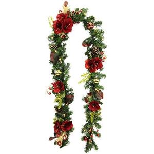 Amaryllis Kerstslinger met kunstbloemen, dennenappels, bessen, bladeren, glitter, met ledverlichting, werkt op batterijen, decoratie, Kerstmis, trap, open haard, meubels, muur, deur, binnen, X'Mas