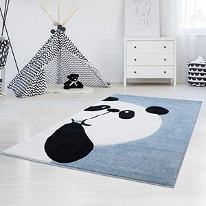 Carpet City Kindertapijt platte stapel Bueno panda beer in blauw met contour cut voor de kinderkamer Maat: 80x150 cm, 80 cm x 150 cm