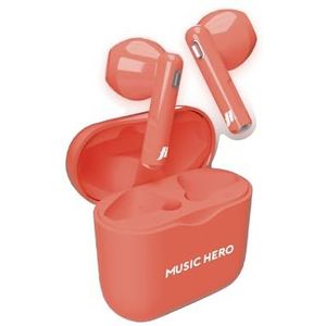 Music Hero Draadloze hoofdtelefoon, Neon Coloration, True Wireless Stereo (TWS), 180 mAh oplaadbox, touch-bediening, geïntegreerde microfoon, semi-in ear, rood