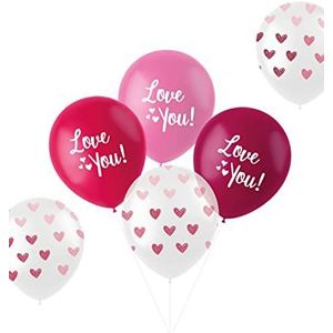 Folat 24885 Romantische decoratieve ballonnen 'Love You' mix roze 33 cm 6 stuks latex ballonnen helium voor bruiloft Valentijnsdag of Moederdag, roze