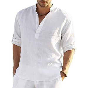 PADOLA Linnen overhemd heren lange mouwen henley shirt heren zomer hemd strandhemd linnen vrijetijdshemden linnen shirt mannen, 0 wit., L