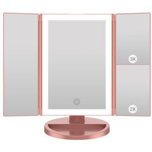 WEILY Make-upspiegel met verlichting, vergrotingsspiegel met 1X/2X/3X, drievoudige led-make-upspiegel met touchscreen, tafelspiegel, USB-houder en batterij (roségoud)