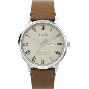 Timex Waterbury 40 mm herenhorloge - bruin lederen band, crème wijzerplaat, roestvrijstalen kast, TW2W50600