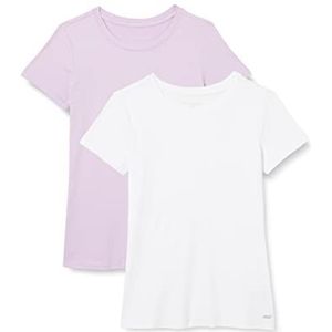 Amazon Essentials Dames Tech Stretch T-shirt met korte mouwen en ronde hals (verkrijgbaar in grote maten), 2-Pack, Helder wit/Lila, XS