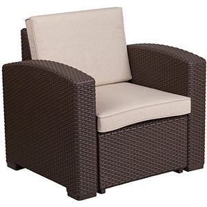 Flash Furniture Seneca Faux rotan stoel met kussen voor alle weersomstandigheden, stof, chocoladebruin, set van 1