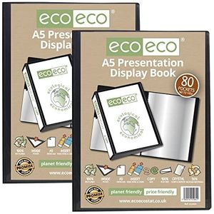 eco-eco A5 formaat 50% gerecycled 80 zak zwart presentatie display boek, opslag case portfolio kunst map met plastic mouwen, eco064x2, (Pack van 2 boeken)