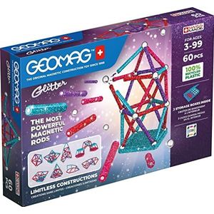 GEOMAG - GLITTER 60 stuks - 100% gerecycled plastic - Magnetisch constructiespel voor kinderen van 3-4 jaar - Zwitserse makelij - Bouwstenen met 28 staven, 28 ballen, 4 basen - STEM-magneetspellen