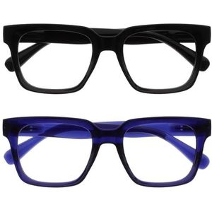 OPULIZE ERA Blauwlichtfilterbril Dames/Heren - Transparante Lenzen - Ontspiegeld - 2 Stuks - UV400 - groot rechthoekig montuur - computerbril gaming - Zwart Blauw - +0.00