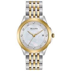 Bulova Diamant quartz horloge met witte wijzerplaat analoog display en zilveren roestvrijstalen armband 98S161, Wit/Zilver, Armband