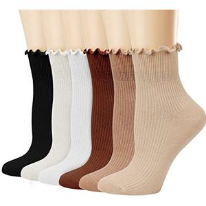 Mcool Mary Vrouwen Ruches Sokken, Casual Leuke Enkelsokken Ademend Gebreid Katoen, 6 kleuren (abrikoos+lichtbruin+bruin+wit+melkachtig wit+zwart), 5-9