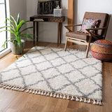 Safavieh Shaggy tapijt voor woonkamer, eetkamer, slaapkamer, Marokkaanse kwastjes, Shag collectie, laagpolig, in ivoor en lichtgrijs, 91 x 152 cm