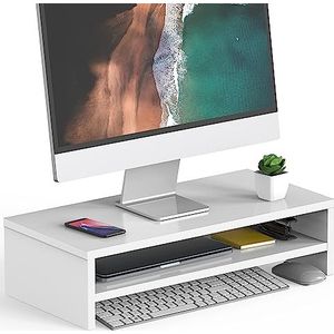 FITUEYES Monitorstandaard 2 lagen Computer Monitor Riser,54cm Houten Desktop Stand voor Laptop Computer Screen Riser, met Opbergplank, Kantoorbenodigdheden, Bureauorganisator, Wit