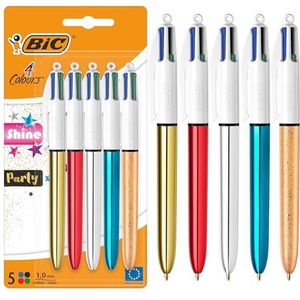 BIC 4 kleuren Shine and Party intrekbare balpennen medium punt (1,00 mm) in metallic zilver, goud, rood, blauw en ijzige goud - pak van 5