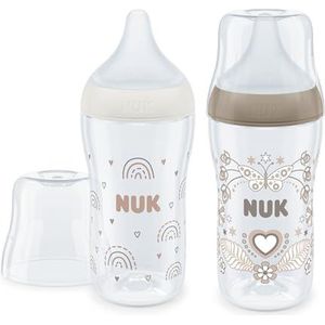 NUK Perfect Match Flessenset, 3 maanden, past zich aan het gehemelte aan, temperatuurregeling, anti-koliekopening, 260 ml, BPA-vrij, siliconen tussenspeen, regenboog en hart, 2 stuks