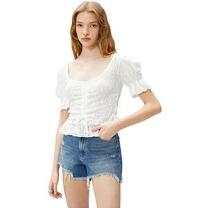 Koton Dames Crop Puff Sleeve Shirred Brode T-shirt, ecru (010), XS