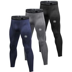 MEETWEE Compressiebroek voor heren, sportlegging, lange hardloopbroek, ademend, functionele onderbroek, tights onderbroek, lang-zwart+grijs+blauw, XL