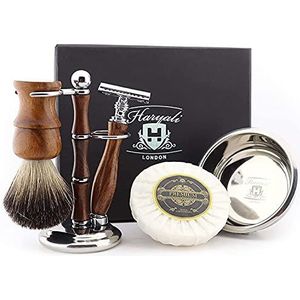 Haryali London Scheerset – 5-delige houten scheerset – Double Edge Safety Razor - Badger Scheerkwast – Scheerzeep – Scheerkom – Scheerstandaard - Scheerset als Gift Wood