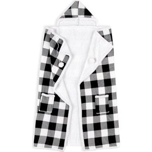 Safdie & Co. Premium draagbare capuchon voor volwassenen, dames en heren, 180 x 129,5 cm - superzacht, lichtgewicht, micropluche, gezellige en functionele deken (Buffalo Plaid White & Black),