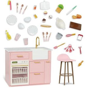 Our Generation BD35219 Keukeneiland en accessoires, realistisch kookplezier voor kinderen vanaf 3 jaar, werkblad met gootsteen, kraan en knopen, inclusief borden, kopjes en bestek