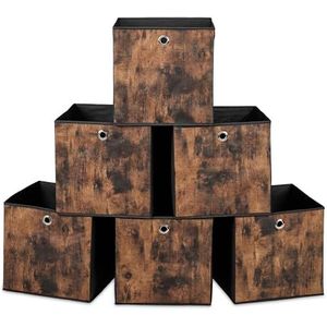 Relaxdays opbergmand, set van 6, HBD: 30x30x30 cm, stof, houtlook, handvat, opvouwbare manden, industrieel, zwart/bruin