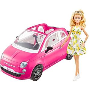 Barbie pop en Fiat 500 auto, roze vierpersoonsauto, met Barbie pop met outfit en accessoires, cadeau voor kinderen van 3 tot 7 jaar oud, HGV03