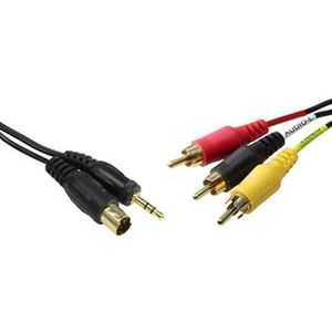 Brightium PC-naar-TV/VIDEO mini-DIN 4P jack en 3 RCA-stekkers, ideaal voor audio- en video-overdracht op multimedia-apparaten.