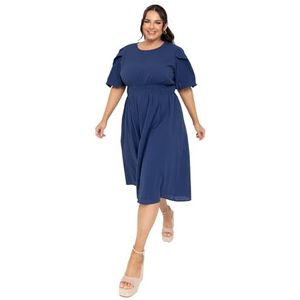 Lovedrobe Midi-jurk voor dames, ronde hals, korte pofmouwen, crossover, elastische taille, bladprint, getextureerd, A-lijn, casual, Blauw, 34