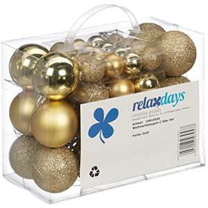 Relaxdays kerstballen, set van 50, mat, glanzend en met glitters, kunststof, kerstboomballen ∅ 3, 4 & 6 cm, goud