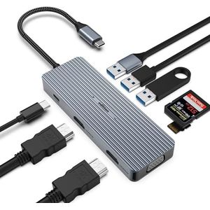 oditton USB C-hub, 9-in-1 hub multipoort-adapter, dual 4K HDMI, VGA, 100W PD, USB 3.0, 2 USB 2.0, SD/TF-kaartlezer, compatibel met MacBook/Surface Pro