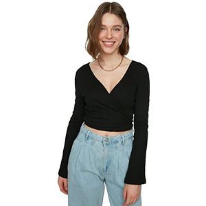 Trendyol Dames Black Tick Craissile Crop Gebreide Blouse, L