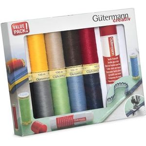 Gutermann Creativ Allesnaaigaren - Set van 10 spoelen van 100 m + Gutermann textiellijmstift, tijdelijke lijm voor naaiwerk, diverse kleuren
