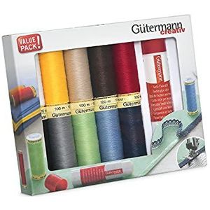 Gutermann Creativ Allesnaaigaren - Set van 10 spoelen van 100 m + Gutermann textiellijmstift, tijdelijke lijm voor naaiwerk, diverse kleuren