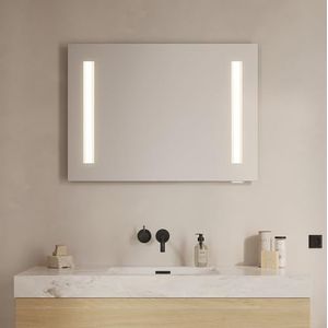Loevschall Badkamerspiegel met stopcontact en licht, vierkante badkamerspiegel met verlichting, 90 x 65 cm, led-spiegel met twee ledstrips, badkamerspiegel met verlichting