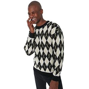 Trendyol Heren ronde hals geruite normale trui sweatshirt, zwart, S, Zwart, S