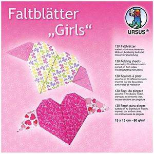 Ursus 38015599F - vouwbladen Girls, 120 vellen 80 g/m² 15 x 15 cm, in 10 verschillende designs, voor kleine en grote origami-kunstenaars, aan beide zijden bedrukt, inclusief vouwhandleiding