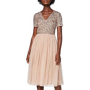 Maya Deluxe - Midi-Avondjurk - Taupe Blush - V-hals - Korte Mouwen