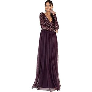 Maya Deluxe Dames Maxi Jurk Lange Mouwen V Hals Plunging Sequin Verfraaid voor Bruiloft Gast Bruidsmeisje Prom, Bessen, 38