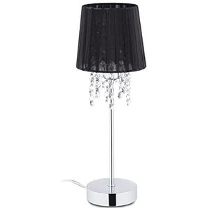 Relaxdays tafellamp kristal, lampenkap van organza, ronde voet, chique nachtkastlamp, H x Ø: 41 x 14,5 cm, zwart/zilver